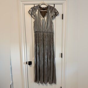 Silver/Pewter Metallic V-Neck Maxi Dress
